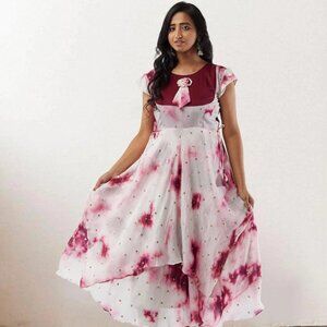 Elegant White Maroon Shibori Layered Dress | Muvvas Boutique